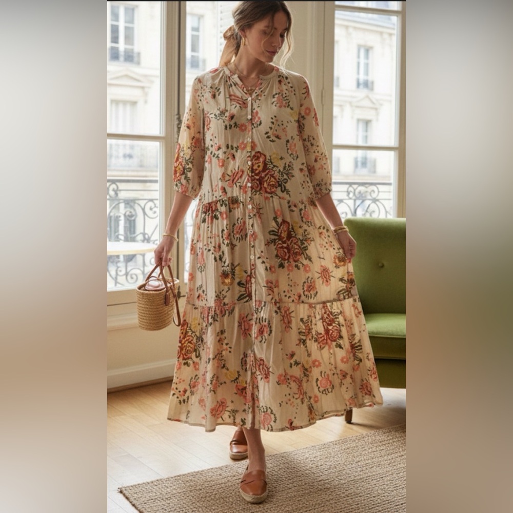 NWOT Khaadi Floral Tiered Cotton-Blend Maxi Dress. Size S can fit up to a M. - Picture 1 of 9